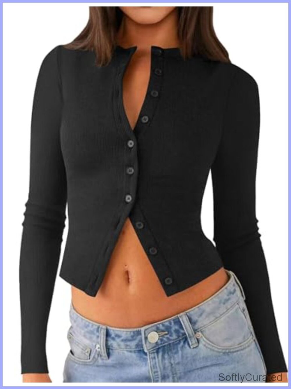 Women's Ribbed Long Sleeve Crop Cardigan Button Up Y2K Going Out Top